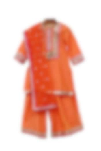 Orange Silk Chanderi Sharara Set For Girls by MINIME ORGANICS at Pernia's Pop Up Shop