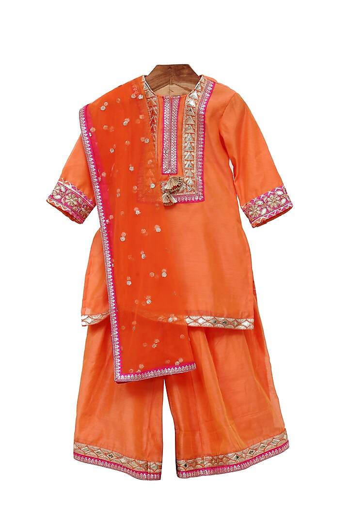 Orange Silk Chanderi Sharara Set For Girls by MINIME ORGANICS at Pernia's Pop Up Shop