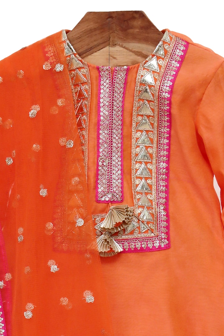 Orange Silk Chanderi Sharara Set For Girls by MINIME ORGANICS at Pernia's Pop Up Shop