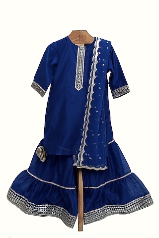 Blue Silk Chanderi Embroidered Sharara Set For Girls by MINIME ORGANICS
