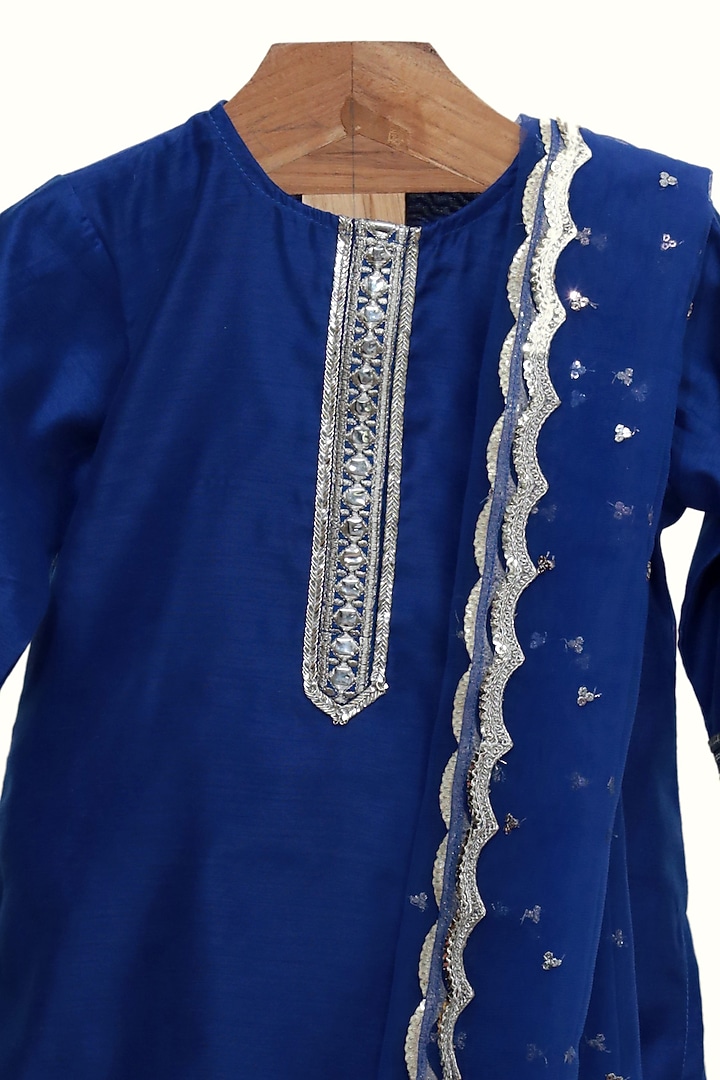 Blue Silk Chanderi Embroidered Sharara Set For Girls by MINIME ORGANICS at Pernia's Pop Up Shop