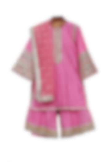 Pink Silk Chanderi Embroidered Sharara Set For Girls by MINIME ORGANICS at Pernia's Pop Up Shop