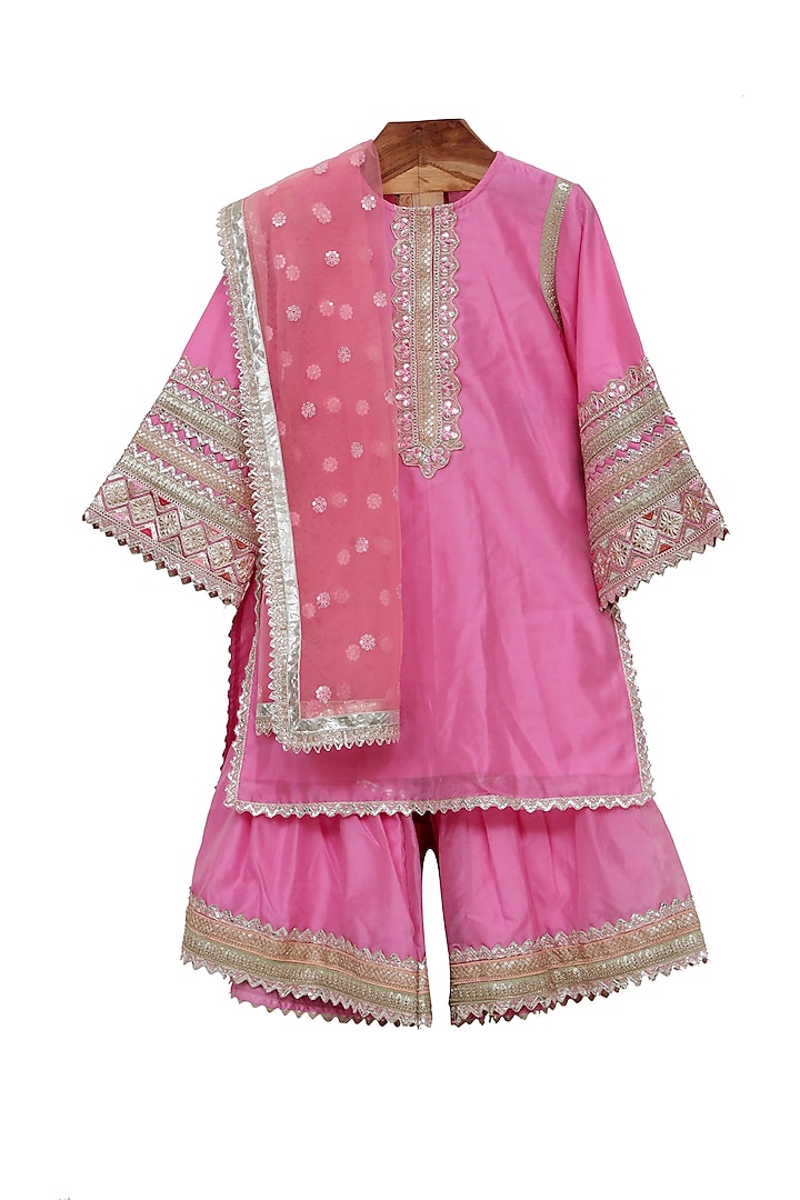 Pink Silk Chanderi Embroidered Sharara Set For Girls by MINIME ORGANICS at Pernia's Pop Up Shop