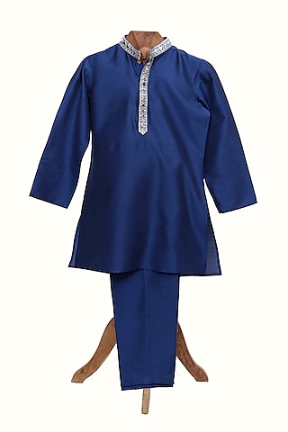 Blue Silk Chanderi Kurta Set For Boys by MINIME ORGANICS