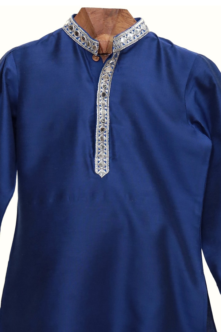 Blue Silk Chanderi Kurta Set For Boys by MINIME ORGANICS at Pernia's Pop Up Shop