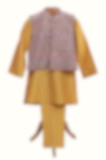 Golden Silk Chanderi Mirror Embroidered Jacket Set For Boys by MINIME ORGANICS at Pernia's Pop Up Shop