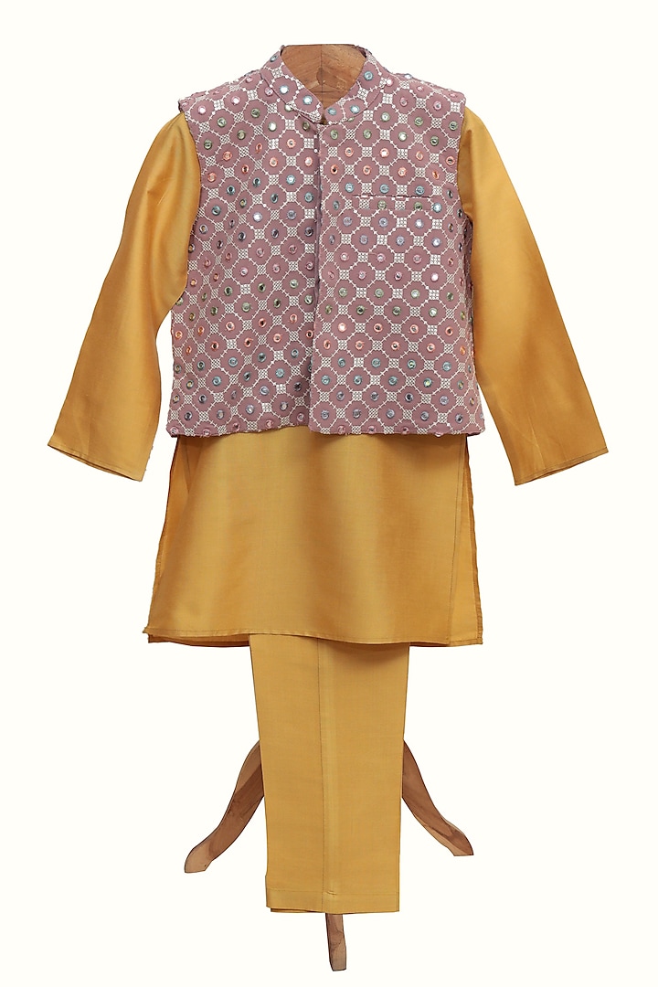 Golden Silk Chanderi Mirror Embroidered Jacket Set For Boys by MINIME ORGANICS at Pernia's Pop Up Shop