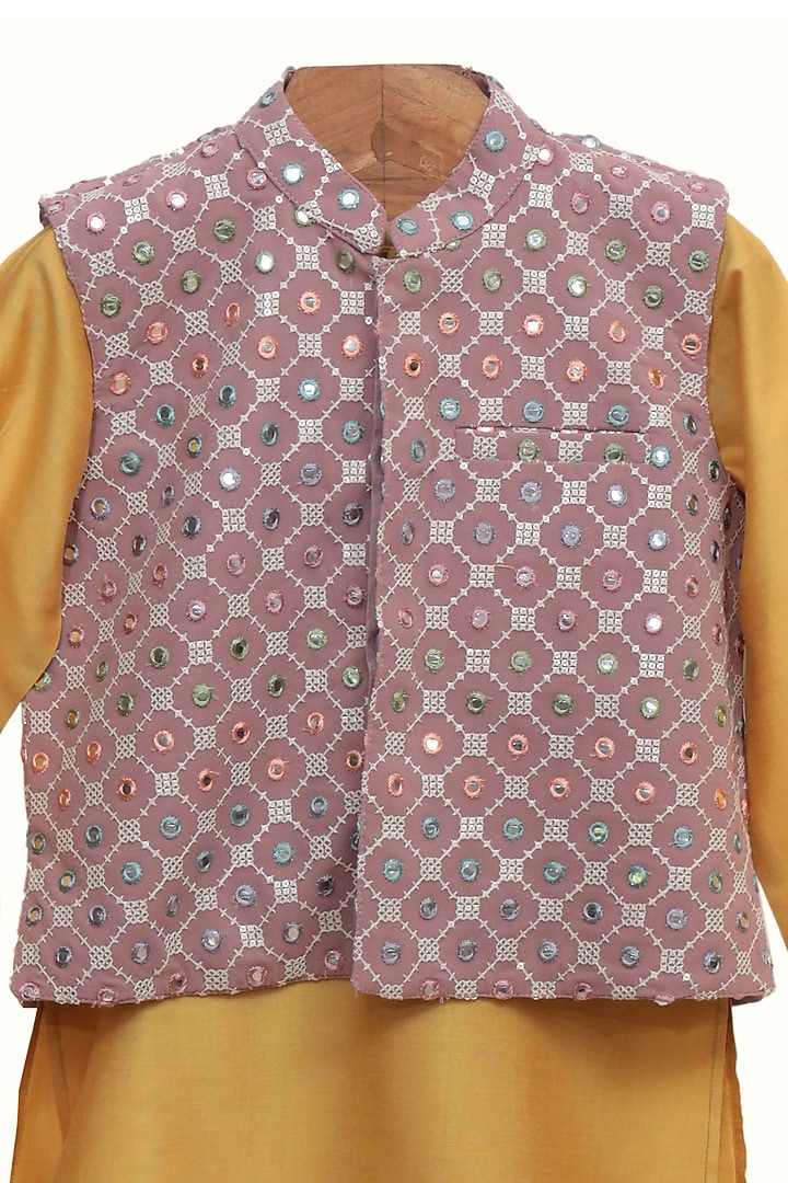 Golden Silk Chanderi Mirror Embroidered Jacket Set For Boys by MINIME ORGANICS at Pernia's Pop Up Shop