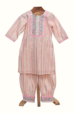 Pink Cotton Printed Kurta Set For Girls by MINIME ORGANICS