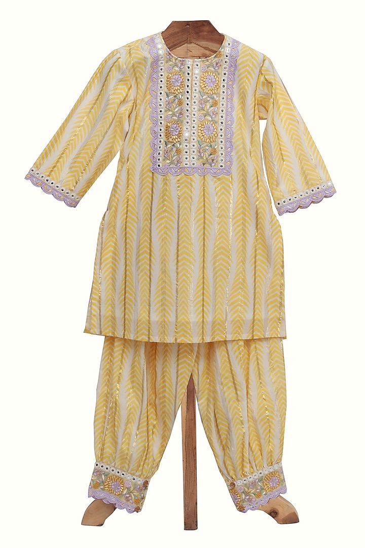 Yellow Cotton Printed Kurta Set For Girls by MINIME ORGANICS at Pernia's Pop Up Shop