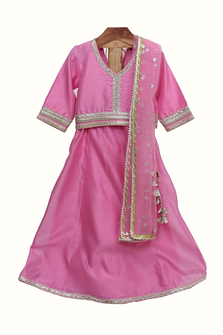 Light Pink Chanderi Silk Lehenga Set For Girls by MINIME ORGANICS at Pernia's Pop Up Shop