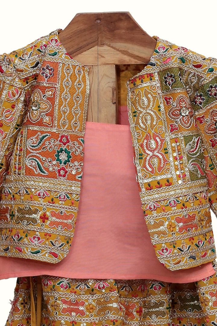 Golden Silk Embroidered Lehenga Set For Girls by MINIME ORGANICS at Pernia's Pop Up Shop