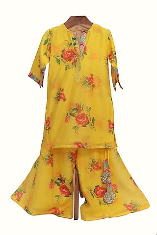 Yellow Chanderi Silk Floral Printed Sharara Set For Girls by MINIME ORGANICS