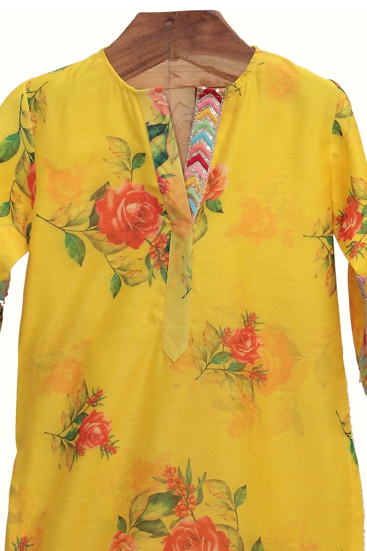Yellow Chanderi Silk Floral Printed Sharara Set For Girls by MINIME ORGANICS at Pernia's Pop Up Shop