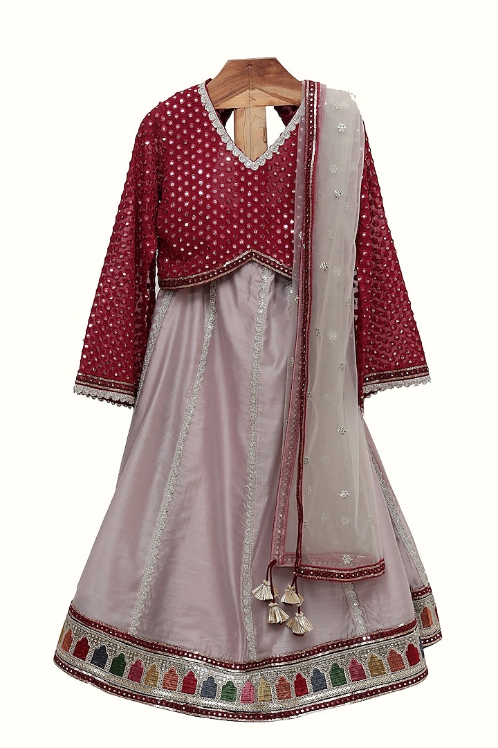 Grey Chanderi Silk Embroidered Lehenga Set For Girls by MINIME ORGANICS at Pernia's Pop Up Shop