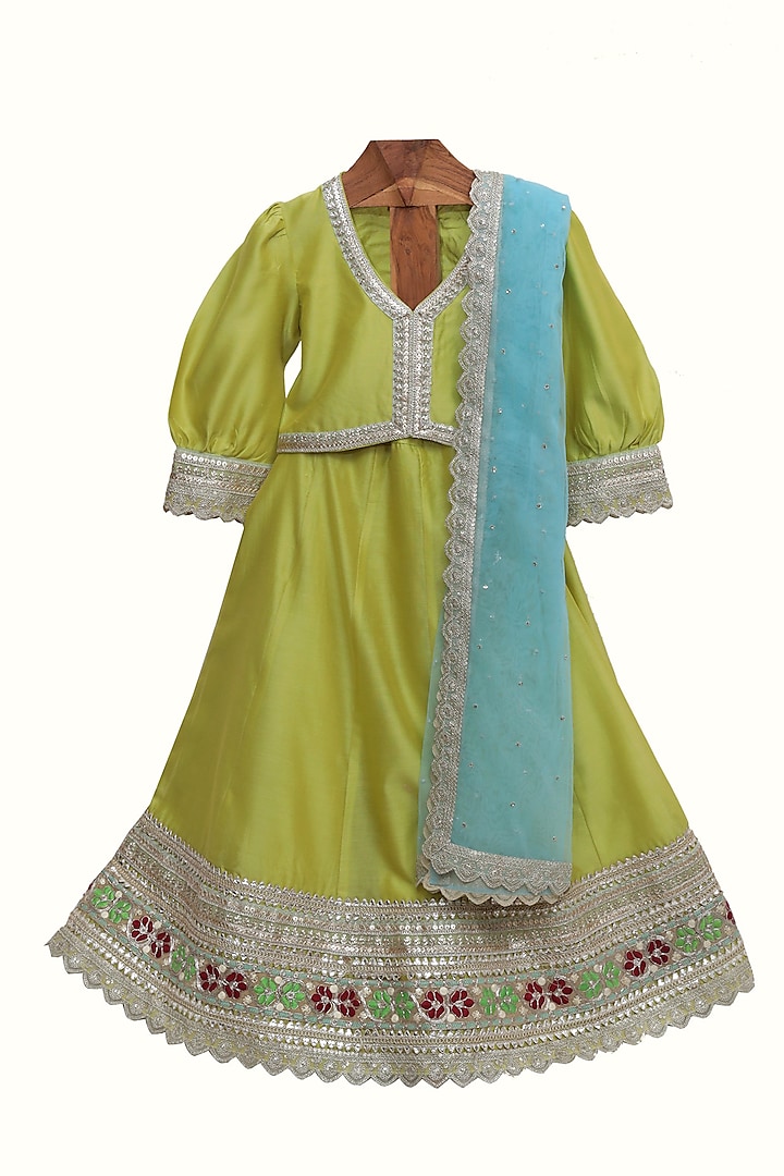 Green Chanderi Silk Embroidered Lehenga Set For Girls by MINIME ORGANICS at Pernia's Pop Up Shop