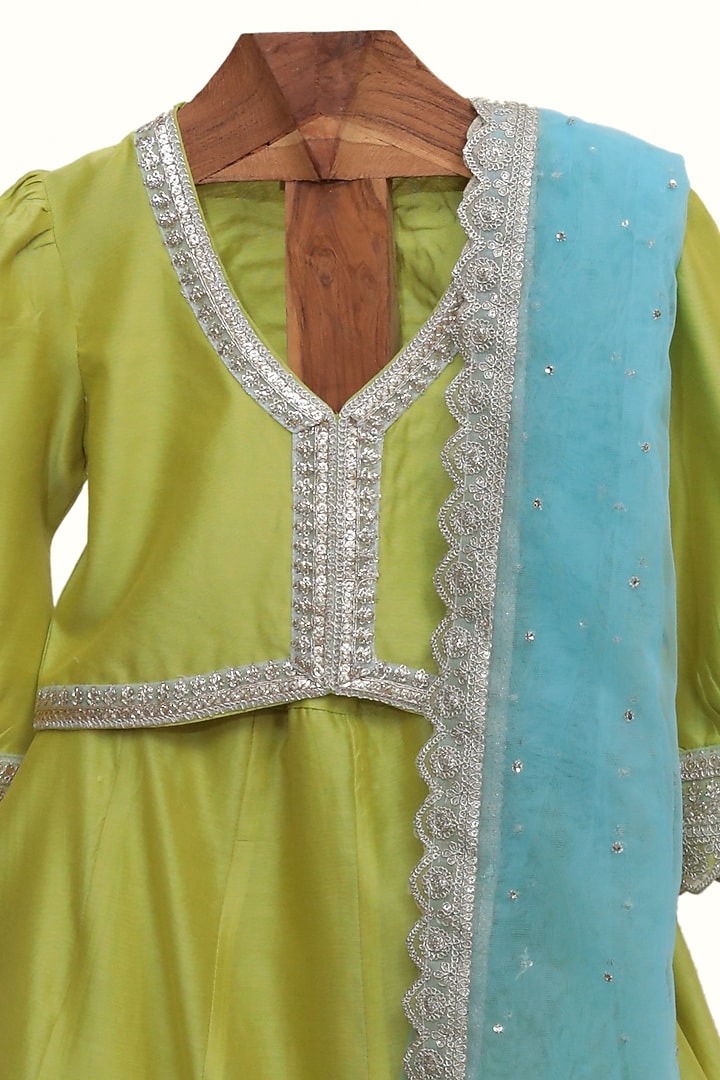 Green Chanderi Silk Embroidered Lehenga Set For Girls by MINIME ORGANICS at Pernia's Pop Up Shop