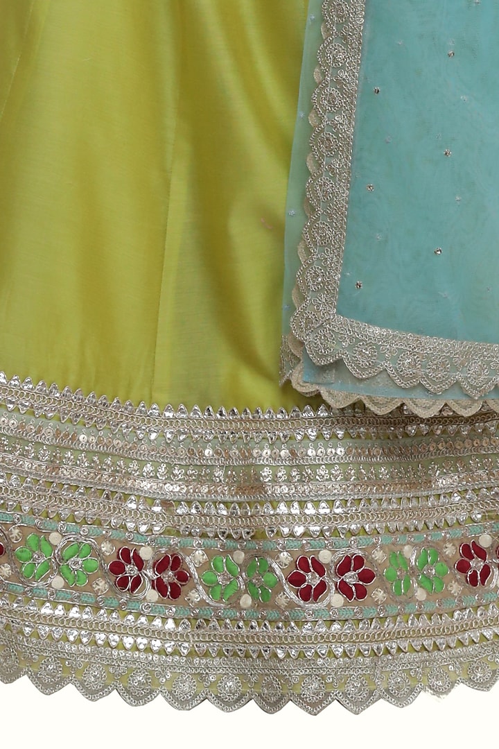 Green Chanderi Silk Embroidered Lehenga Set For Girls by MINIME ORGANICS at Pernia's Pop Up Shop
