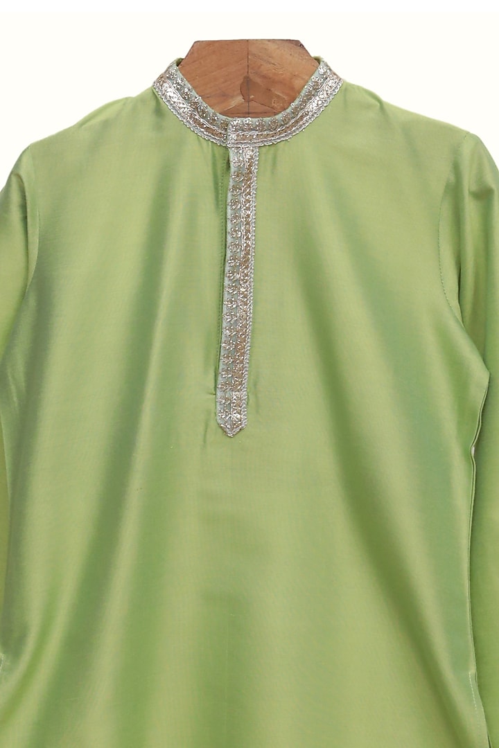 Green Chanderi Silk Kurta Set For Boys by MINIME ORGANICS at Pernia's Pop Up Shop