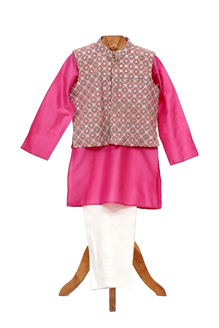 Pink Chanderi Silk Mirror Embroidered Jacket Set For Boys by MINIME ORGANICS at Pernia's Pop Up Shop