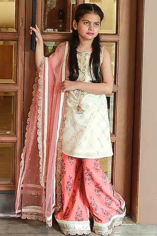 Peach Cotton Block Printed Palazzo Pant Set For Girls by MINIME ORGANICS