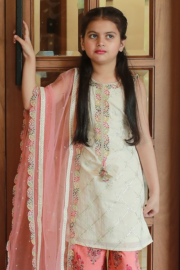 Peach Cotton Block Printed Palazzo Pant Set For Girls by MINIME ORGANICS at Pernia's Pop Up Shop