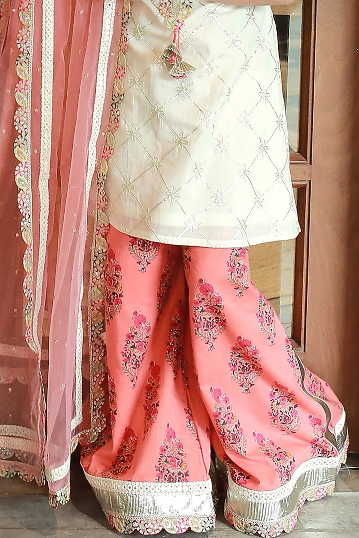 Peach Cotton Block Printed Palazzo Pant Set For Girls by MINIME ORGANICS at Pernia's Pop Up Shop