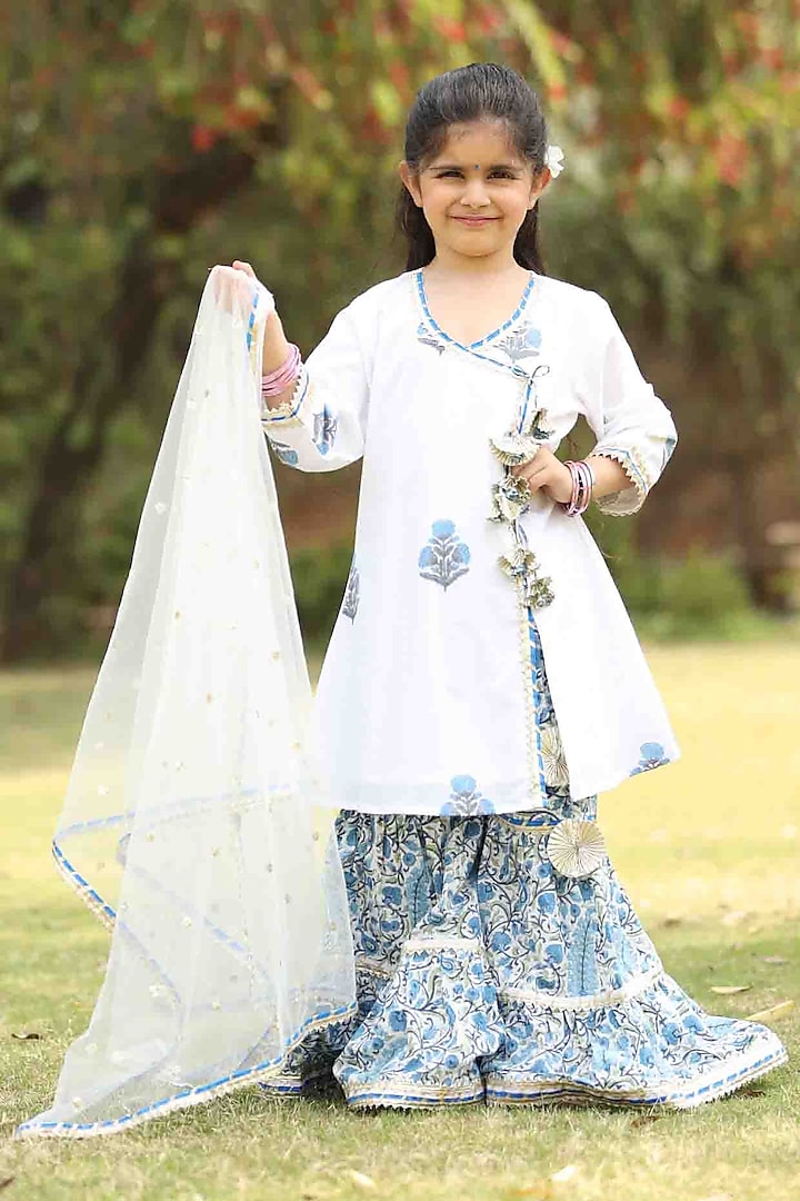Blue Cotton Printed Sharara Set For Girls by MINIME ORGANICS