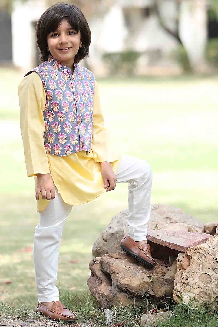 Yellow Kurta Set With Bundi Jacket For Boys by MINIME ORGANICS