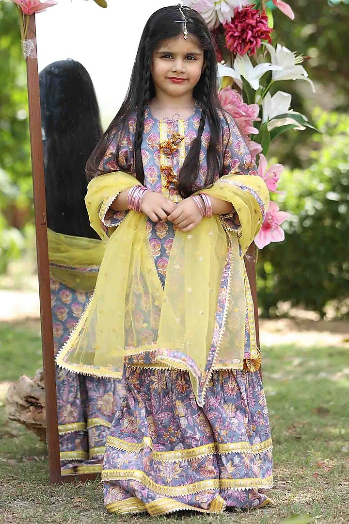 Purple Cotton Printed Sharara Set For Girls by MINIME ORGANICS at Pernia's Pop Up Shop