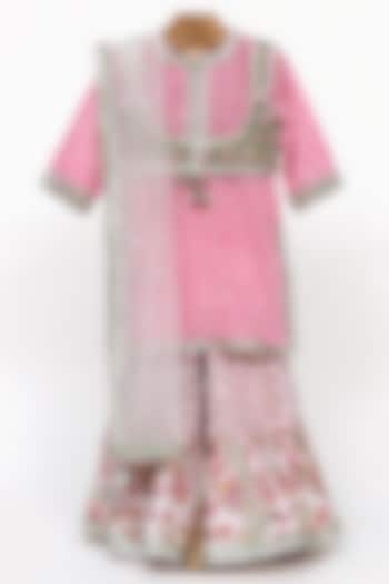 Baby pink Cotton Block Printed Sharara Set For Girls by MINIME ORGANICS
