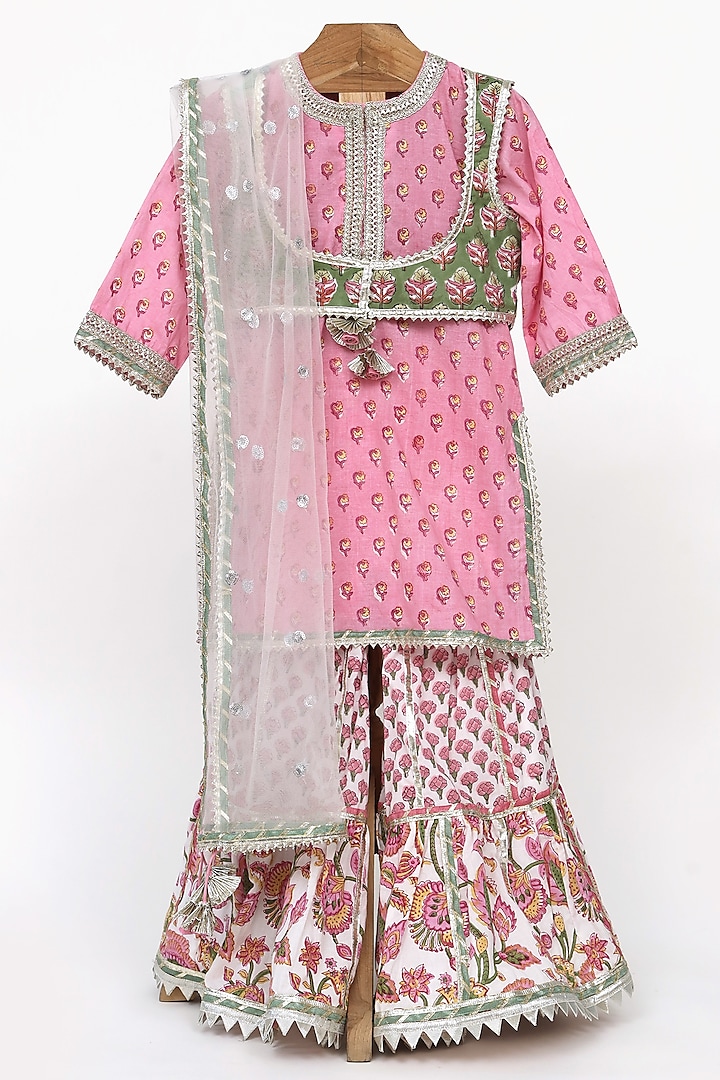 Baby pink Cotton Block Printed Sharara Set For Girls by MINIME ORGANICS