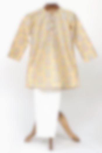 Beige Cotton Silk Printed & Embroidered Kurta Set For Boys by MINIME ORGANICS at Pernia's Pop Up Shop