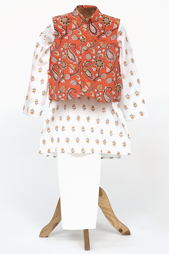 Orange Cotton Block Printed Nehru Jacket Set For Boys by MINIME ORGANICS at Pernia's Pop Up Shop