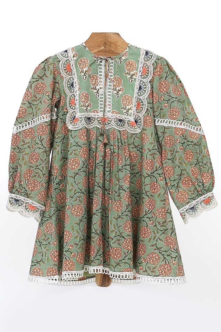 Olive Green Cotton Block Printed Dress For Girls by MINIME ORGANICS