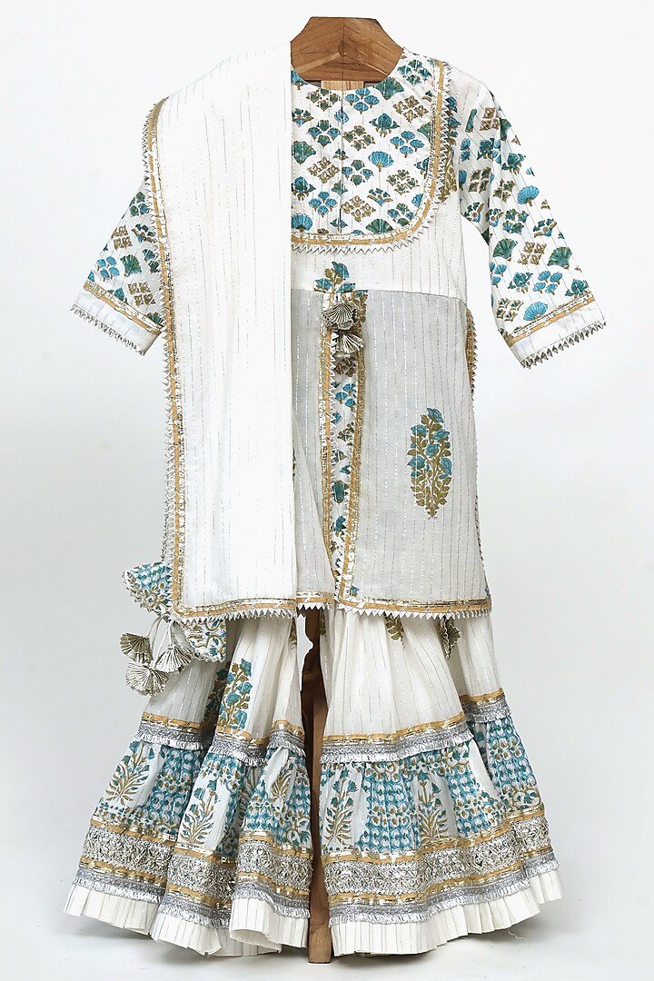 Off-White Cotton Block Printed Sharara Set For Girls by MINIME ORGANICS