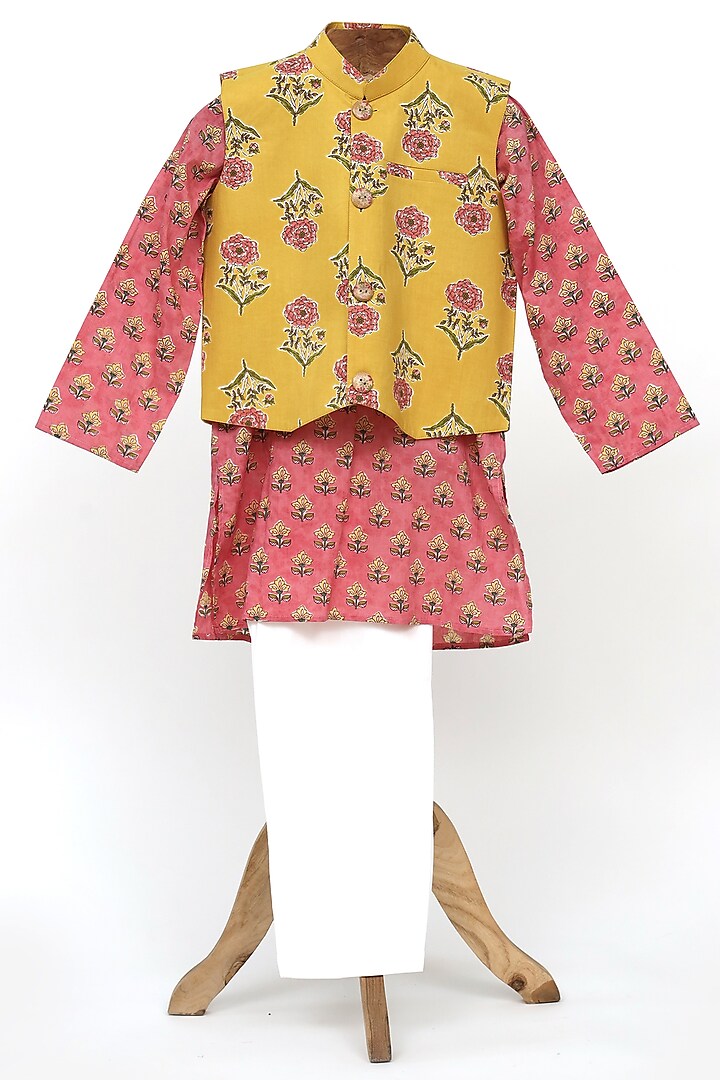 Yellow Cotton Block Printed Nehru Jacket Set For Boys by MINIME ORGANICS