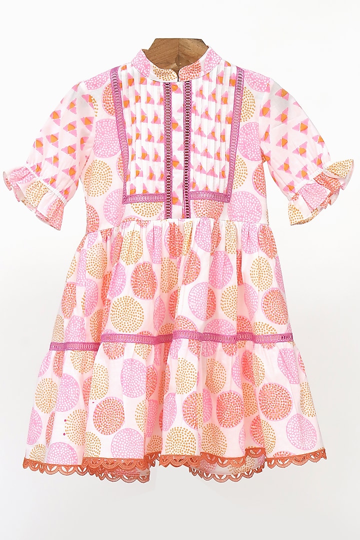 Pink Cotton Block Printed Dress For Girls by MINIME ORGANICS