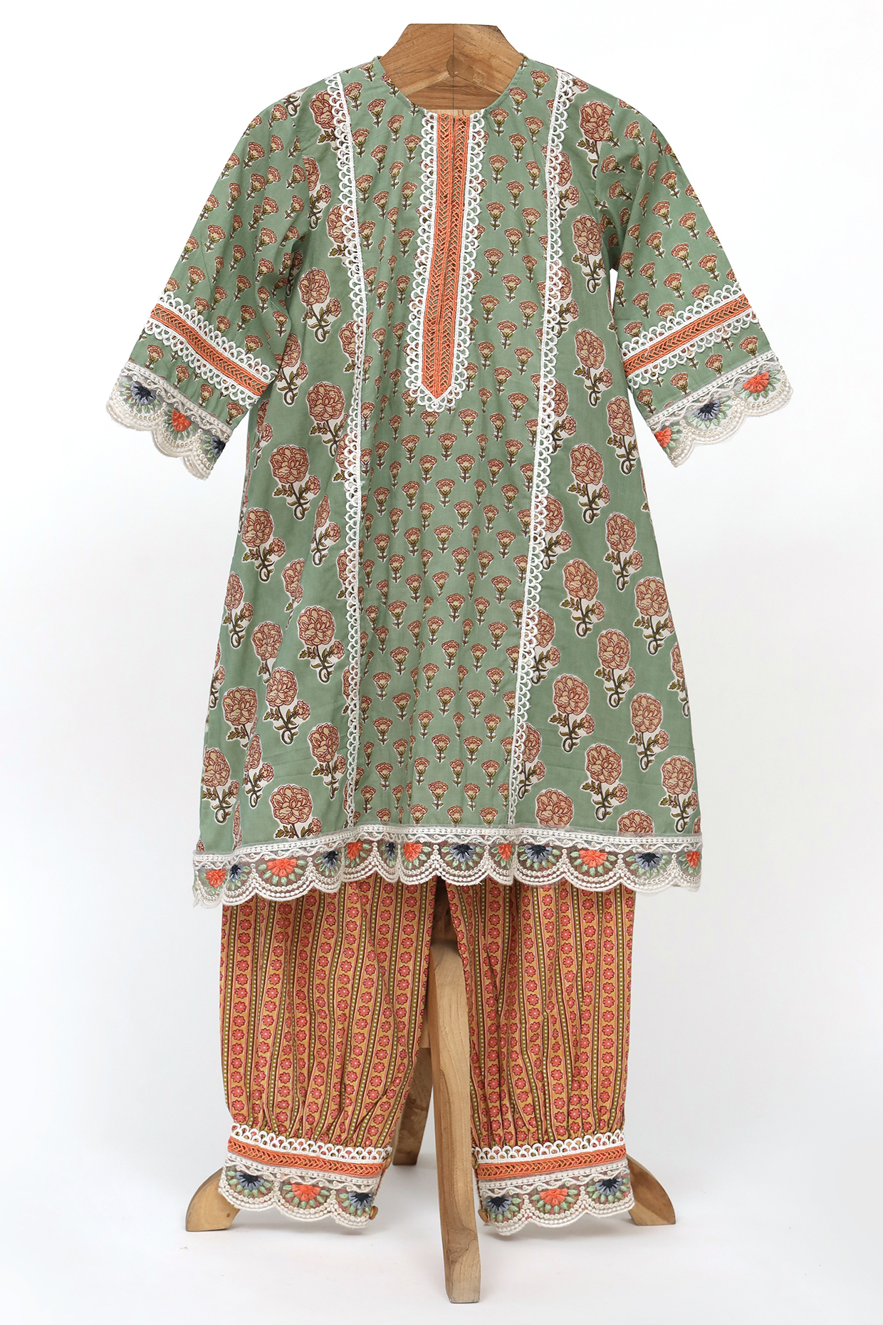 Olive Green Cotton Kurta Set For Girls by MINIME ORGANICS