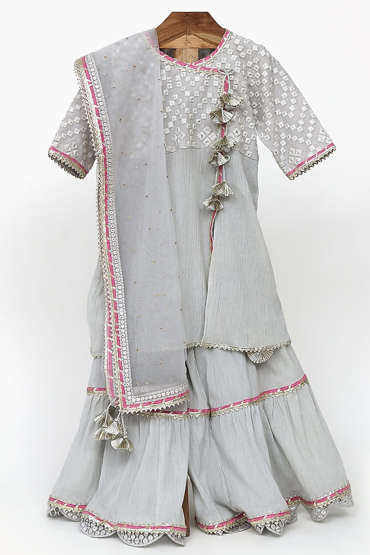 Grey Crushed Cotton Sharara Set For Girls by MINIME ORGANICS