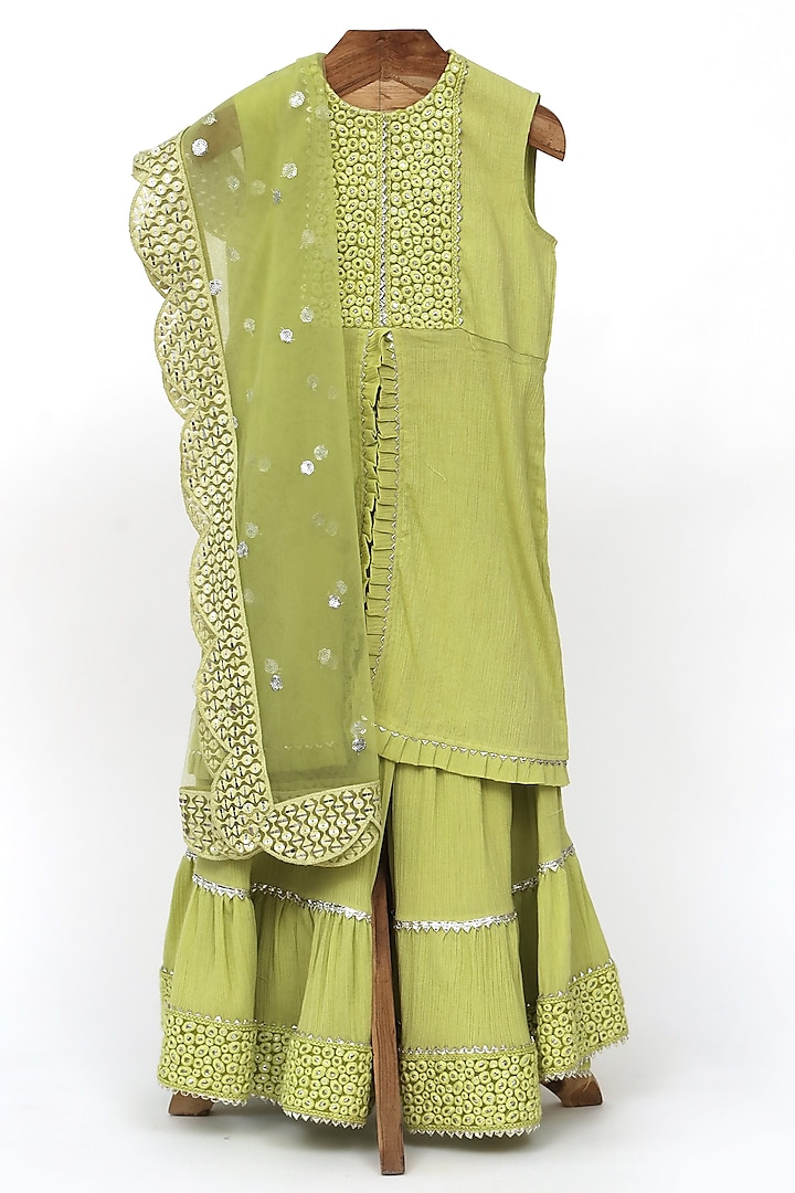 Green Crushed Cotton Sharara Set For Girls by MINIME ORGANICS