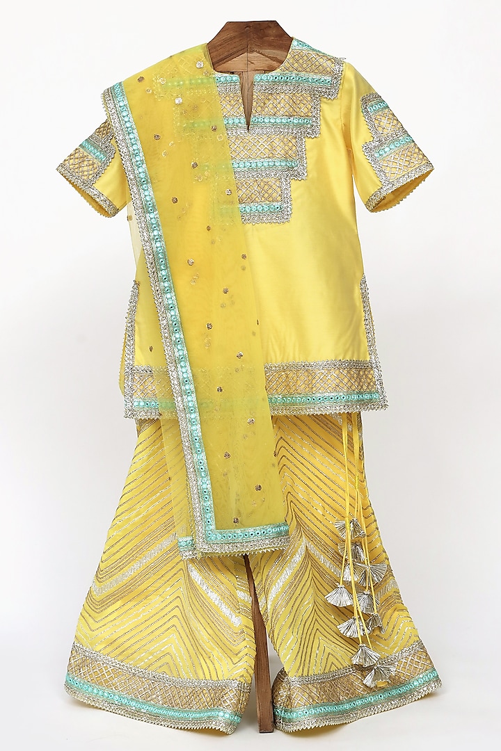 Yellow Chanderi Silk Sharara Set For Girls by MINIME ORGANICS