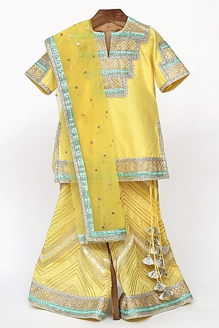 Yellow Chanderi Silk Sharara Set For Girls by MINIME ORGANICS