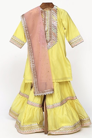 Yellow Chinon Sharara Set For Girls by MINIME ORGANICS