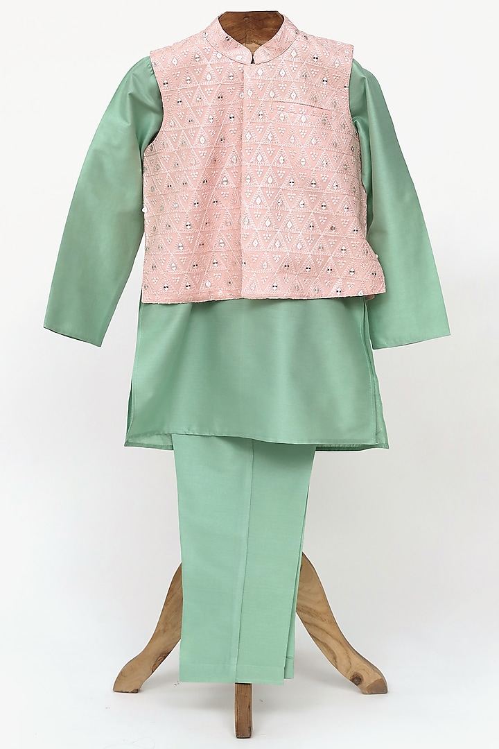 Pink Cotton Organza Embroidered Nehru Jacket Set For Boys by MINIME ORGANICS