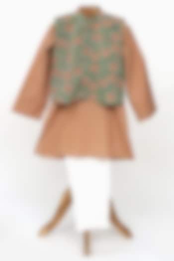 Green Cotton Block Print Nehru Jacket Set For Boys by MINIME ORGANICS