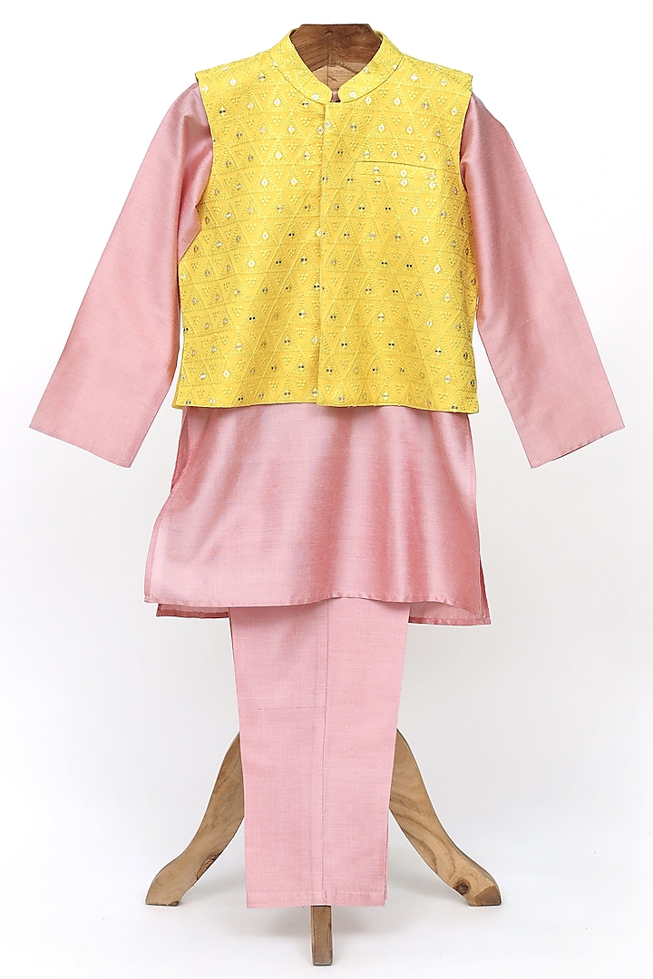 Yellow Cotton Organza Embroidered Nehru Jacket Set For Boys by MINIME ORGANICS