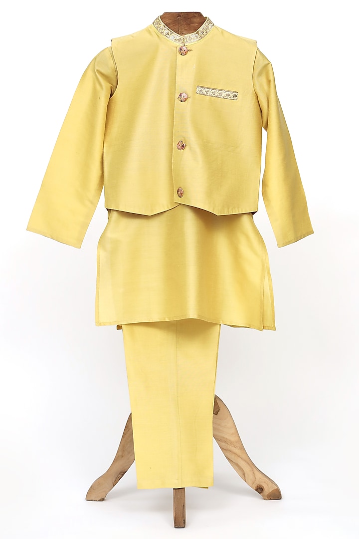 Golden Cotton Silk Nehru Jacket Set For Boys by MINIME ORGANICS