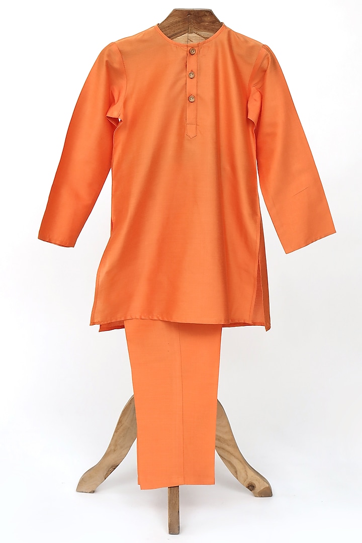 Orange Cotton Silk Kurta Set For Boys by MINIME ORGANICS