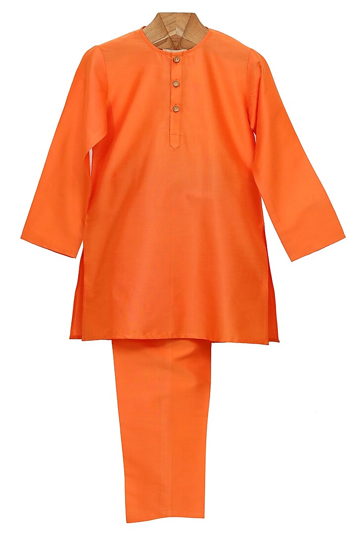 Orange Cotton Silk Kurta Set For Boys by MINIME ORGANICS at Pernia's Pop Up Shop